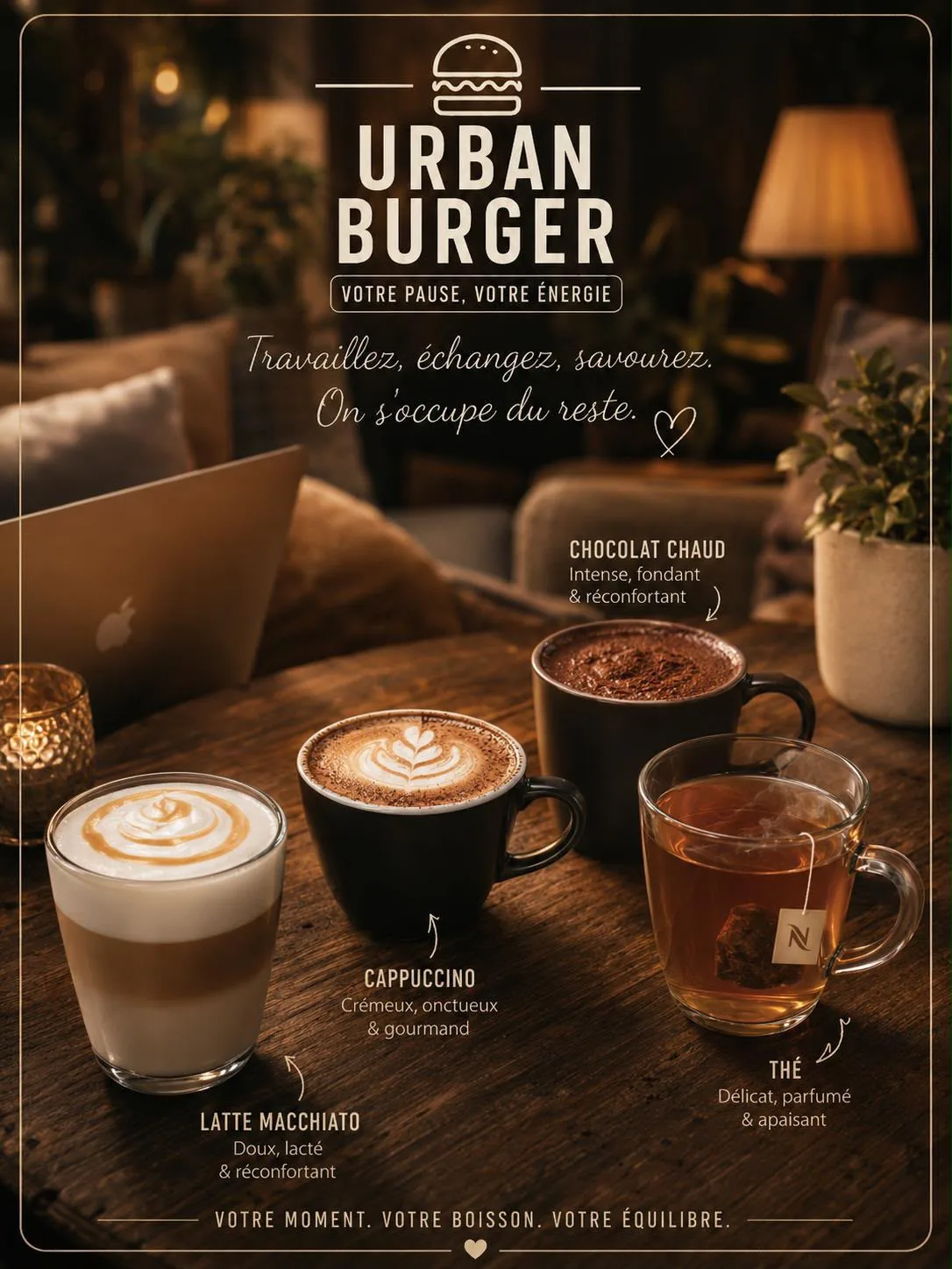 Coin café cosy Urban Burger : latte macchiato, cappuccino, chocolat chaud et thé