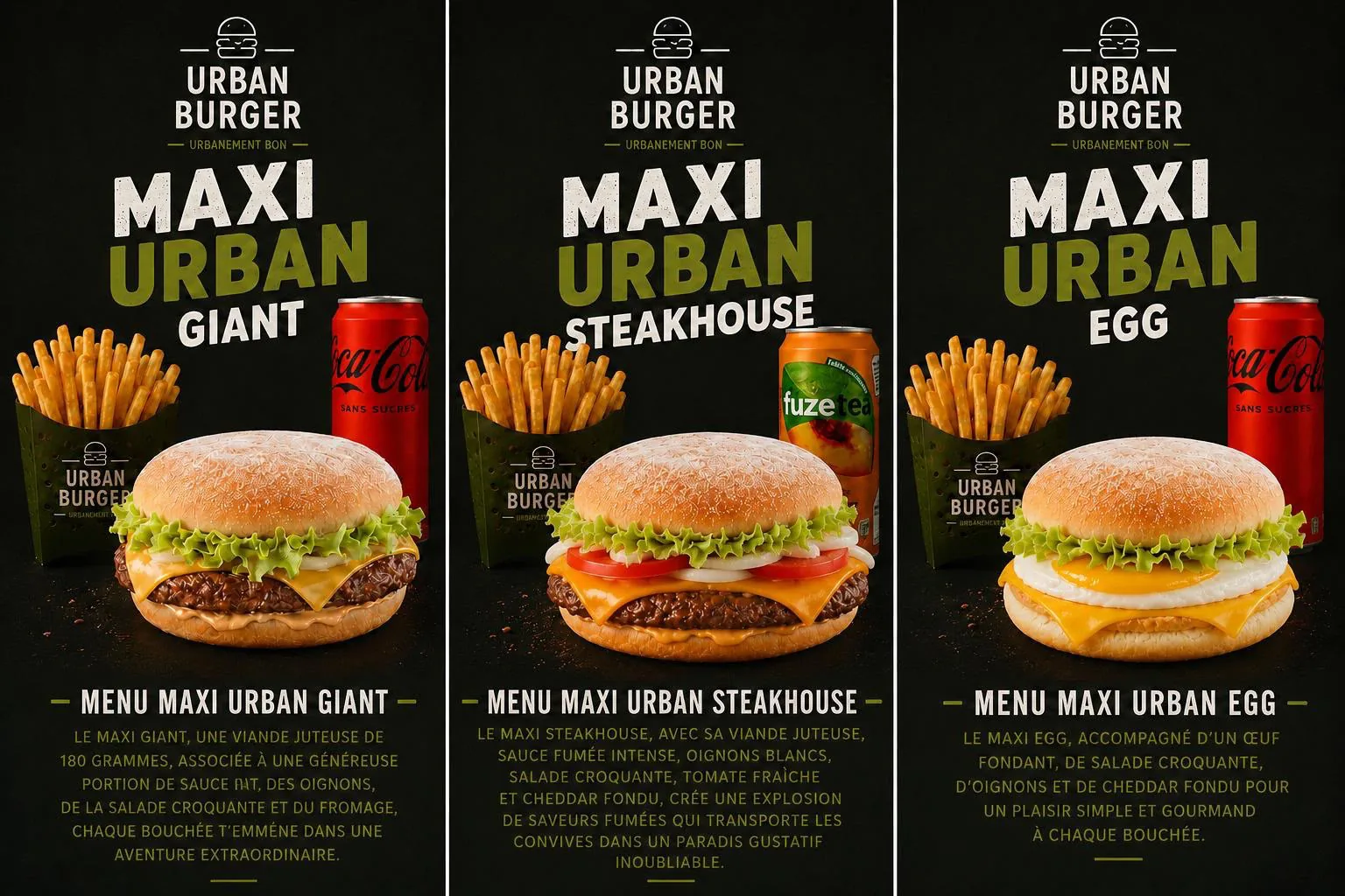 Menus Maxi Urban Giant, Steakhouse et Egg avec frites et boisson