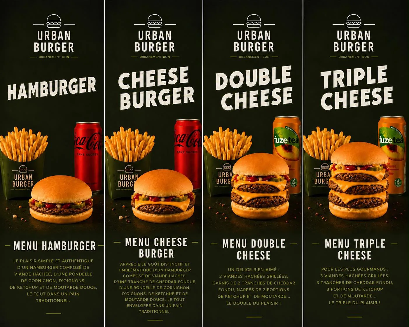 Menus Hamburger, Cheeseburger, Double Cheese et Triple Cheese avec frites et boisson