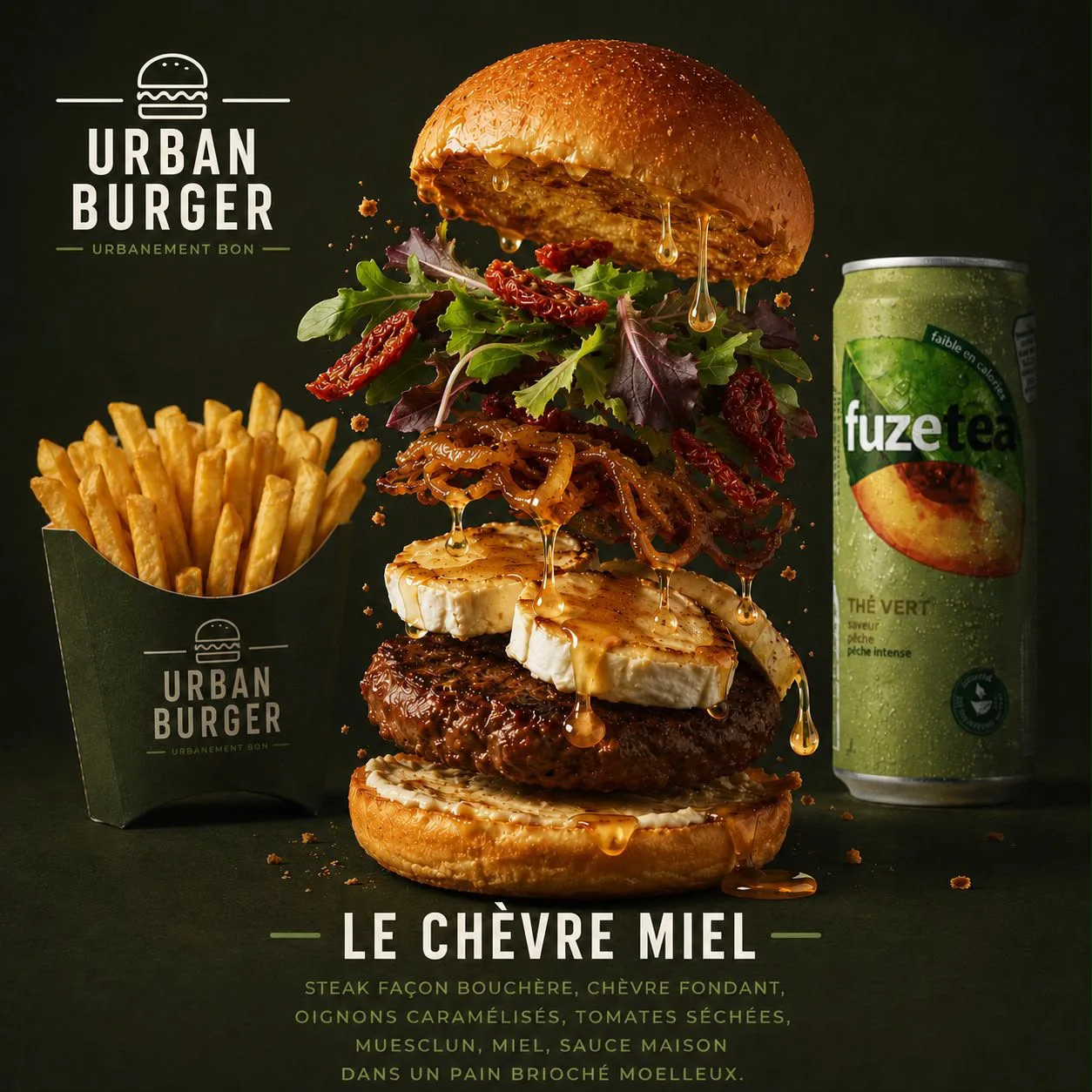 Le Chèvre Miel, steak façon bouchère, chèvre fondant, oignons caramélisés et miel dans un pain brioché