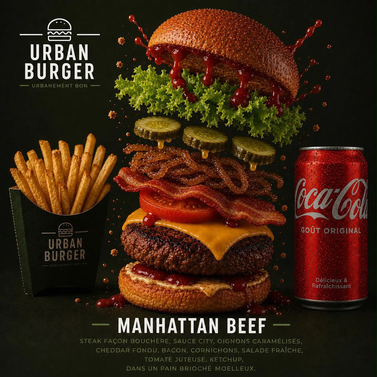 Le Manhattan Beef, steak façon bouchère, bacon, cheddar fondu et cornichons dans un pain brioché