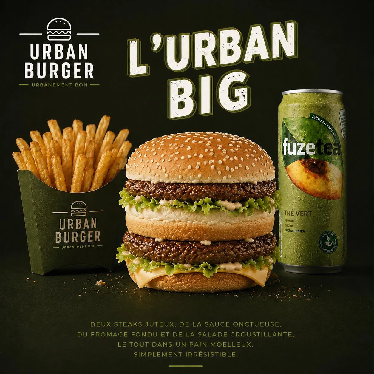 L'Urban Big, double burger signature avec deux steaks, sauce onctueuse et fromage fondu