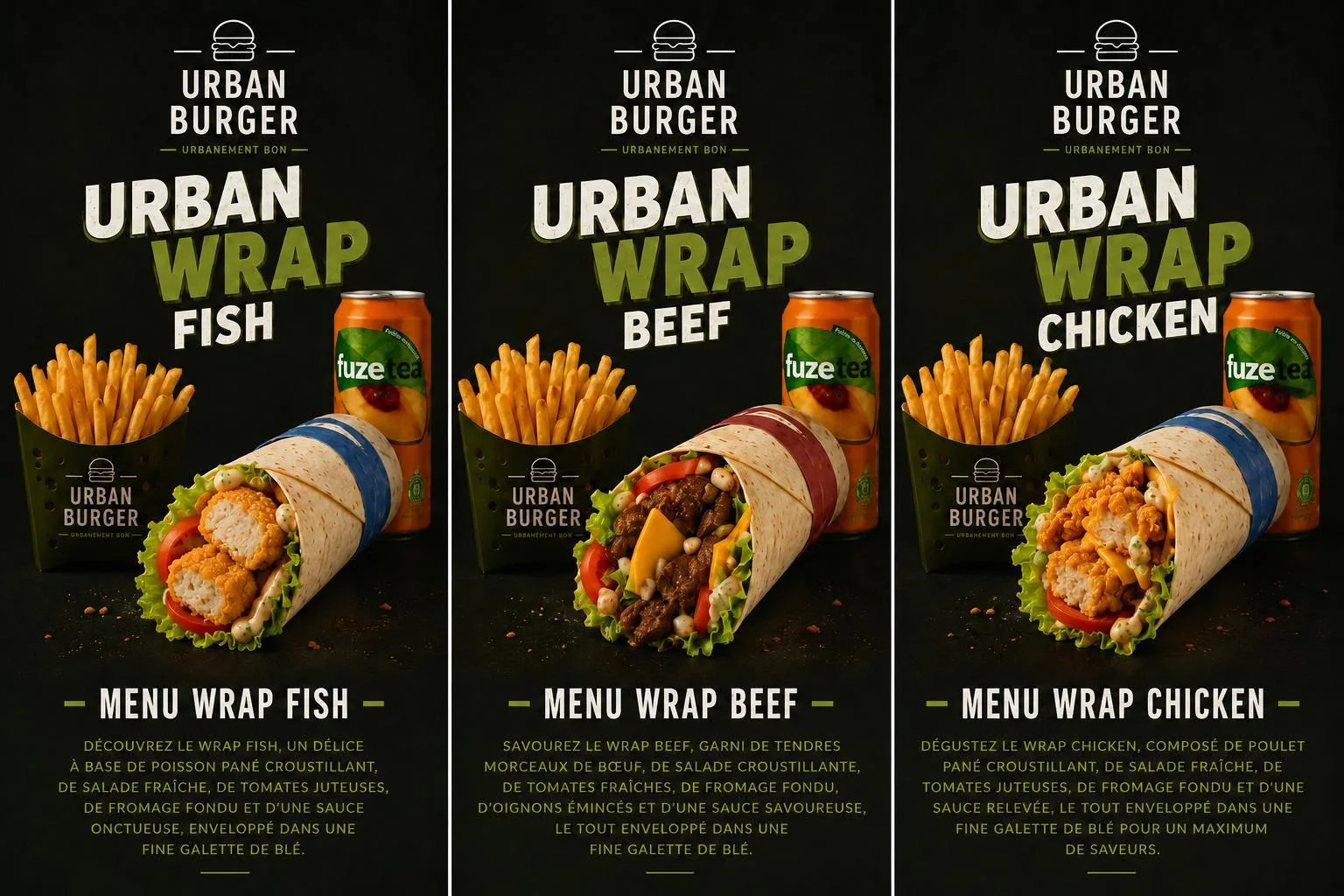 Les Urban Wrap Fish, Beef et Chicken, enroulés dans une fine galette de blé avec salade fraîche